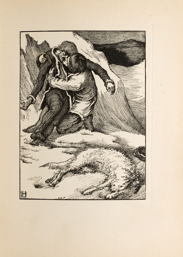 In a bleak winter landscape Sweyn is cradling his dead brother Christian while a dead white wolf lies in the foreground.
