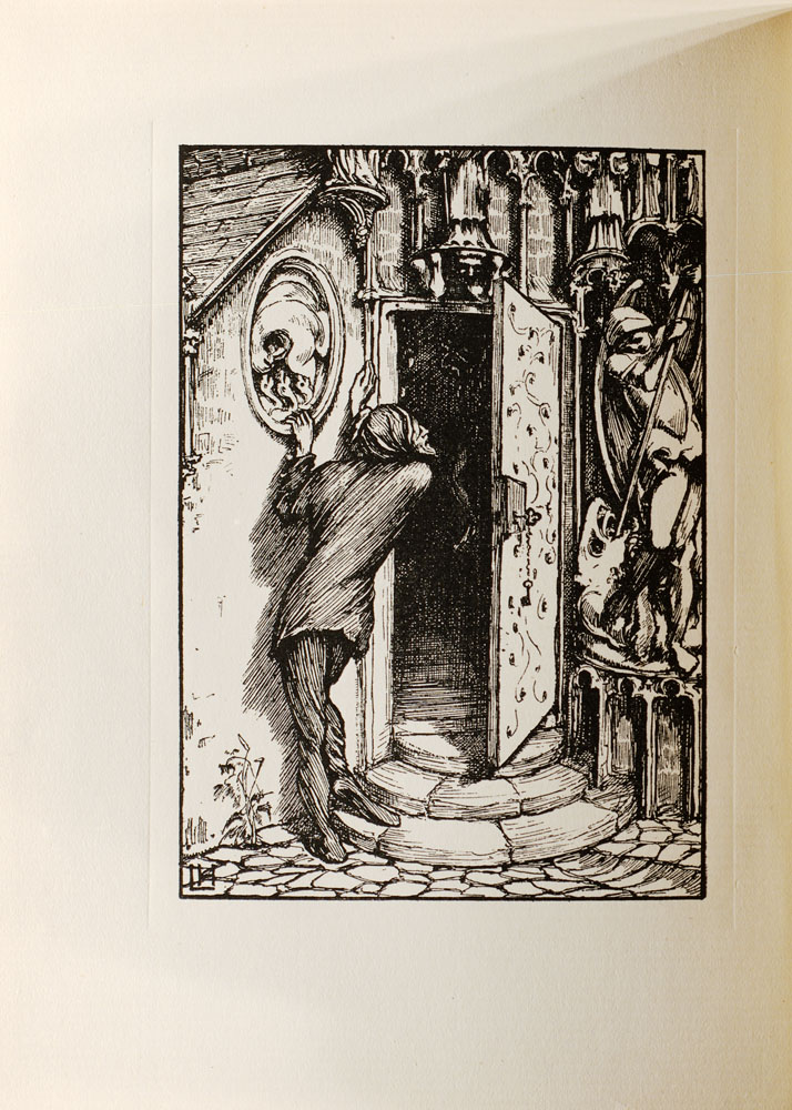 A man peers inside the open door of a church. There is a statue of Saint George on the right.