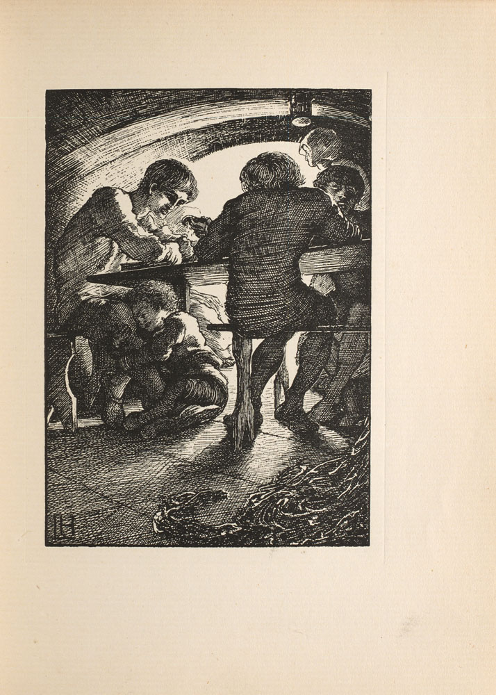 In a farm hall, brightly lite the background, sit several men at a table. One of them is Sweyn. Under the table, his little cousin Rol, is clutching Sewyn's leg.